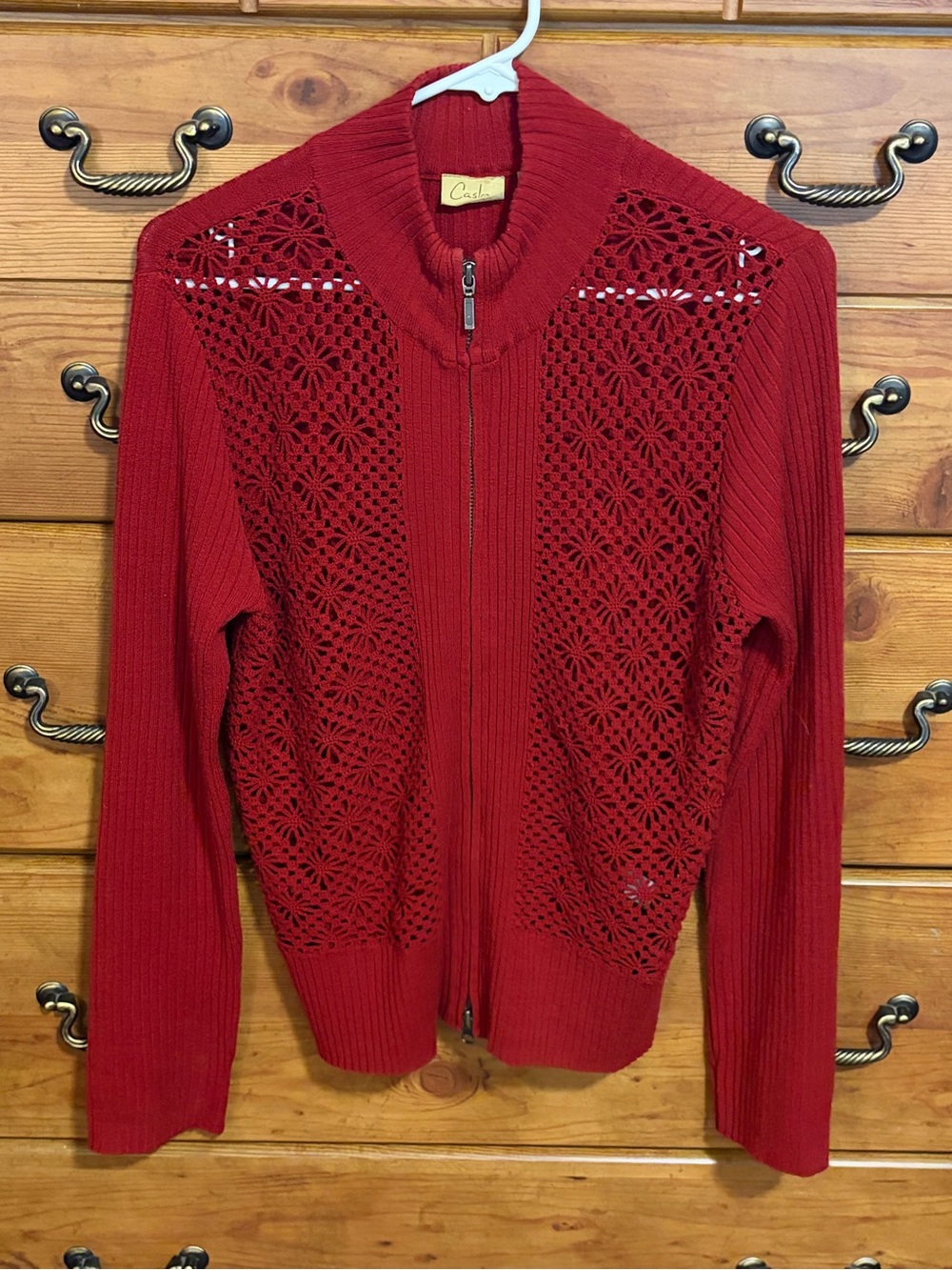 Caslon Red Zip-Front Crochet-Panel Cardigan Sweater